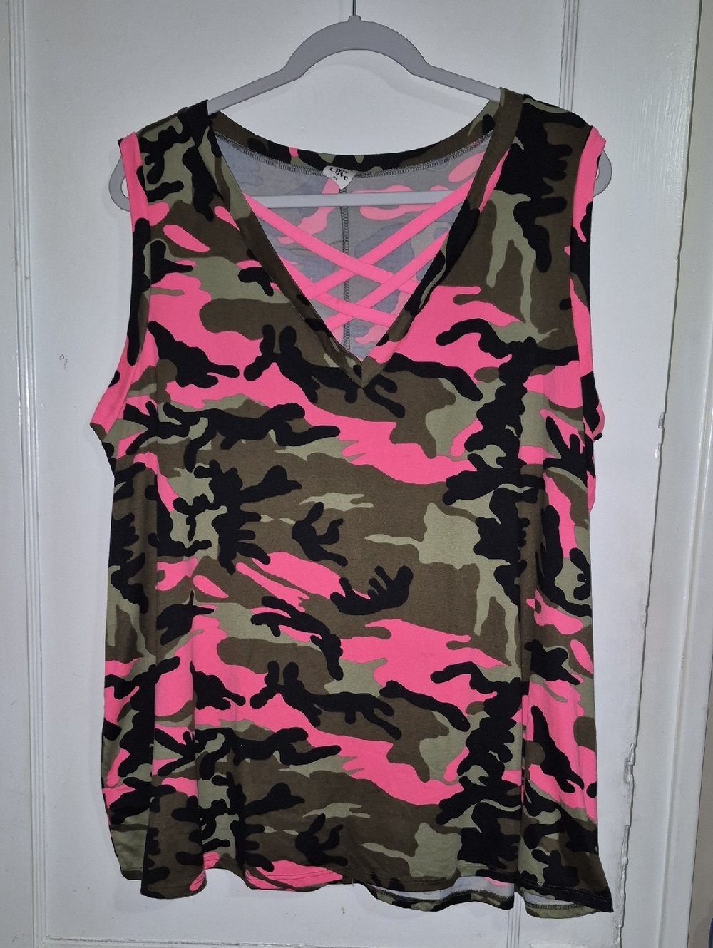 Sew In Love Pink and Olive Camo Crisscross V-Neck Muscle Tee